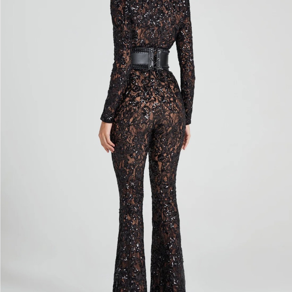 NADINE MERABI Black Sequin Lace Jumpsuit belt included.